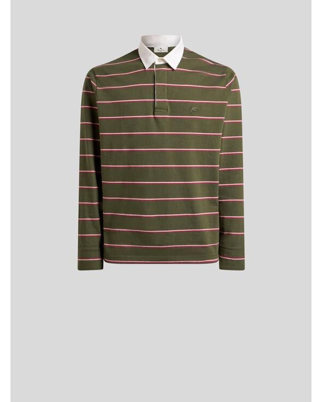 Etro Green Long-Sleeved Cotton Polo Shirt With Shirt Collar And Striped Motif for men