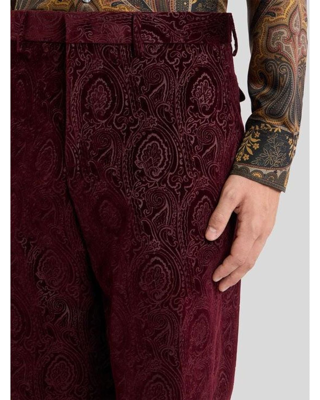 Etro Red Straight-Leg Cotton Velvet Trousers With Arnica Motif for men