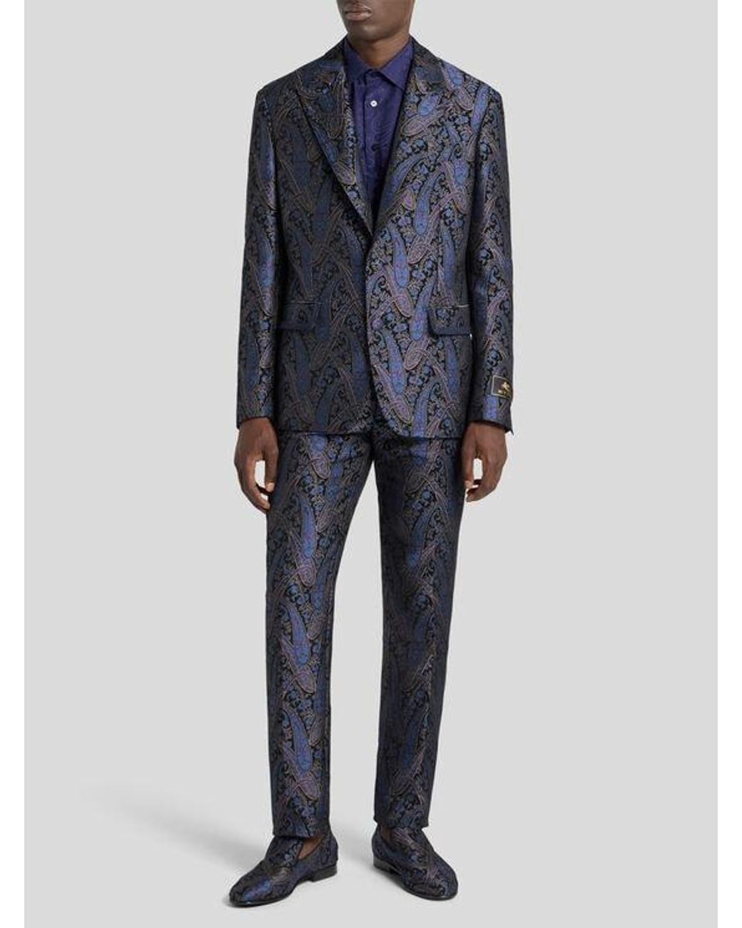 Etro Blue Chenille Jacquard Single-Breasted Jacket With Metallic Paisley Motif for men
