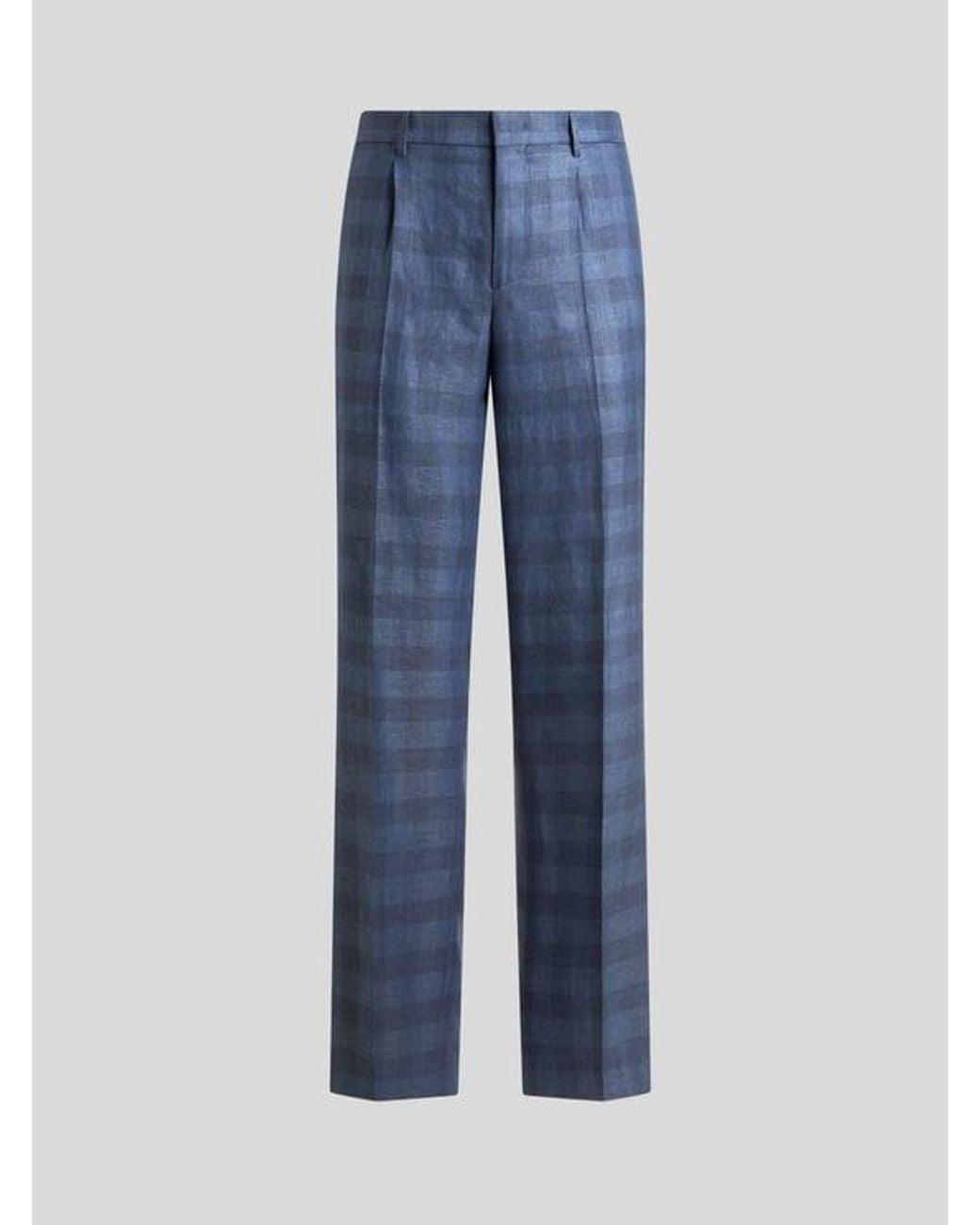 Etro Blue Linen-Blend Jacquard Trousers With Check Motif for men