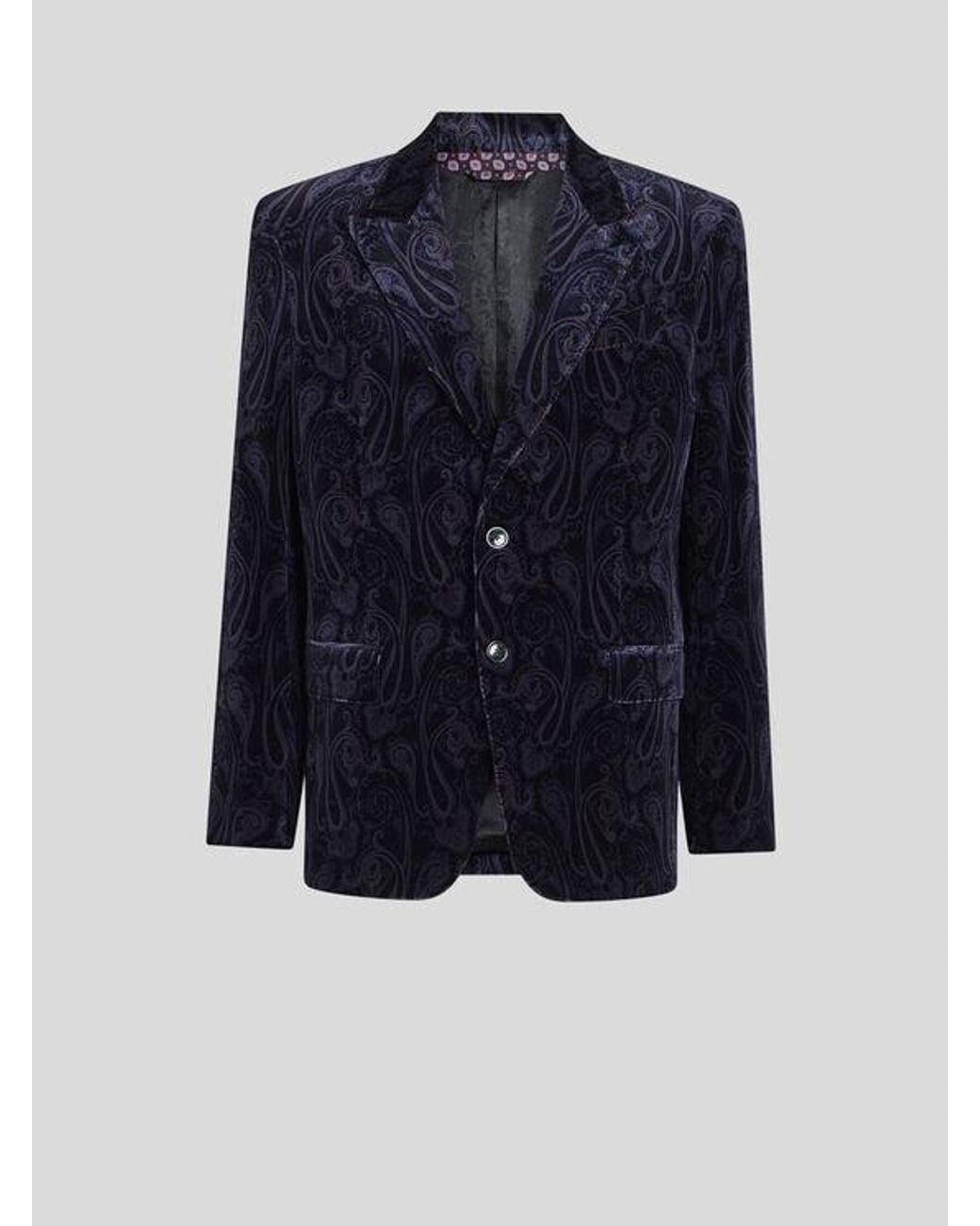 Etro Blue Single-Breasted Cotton Velvet Jacket With Paisley Overprint for men