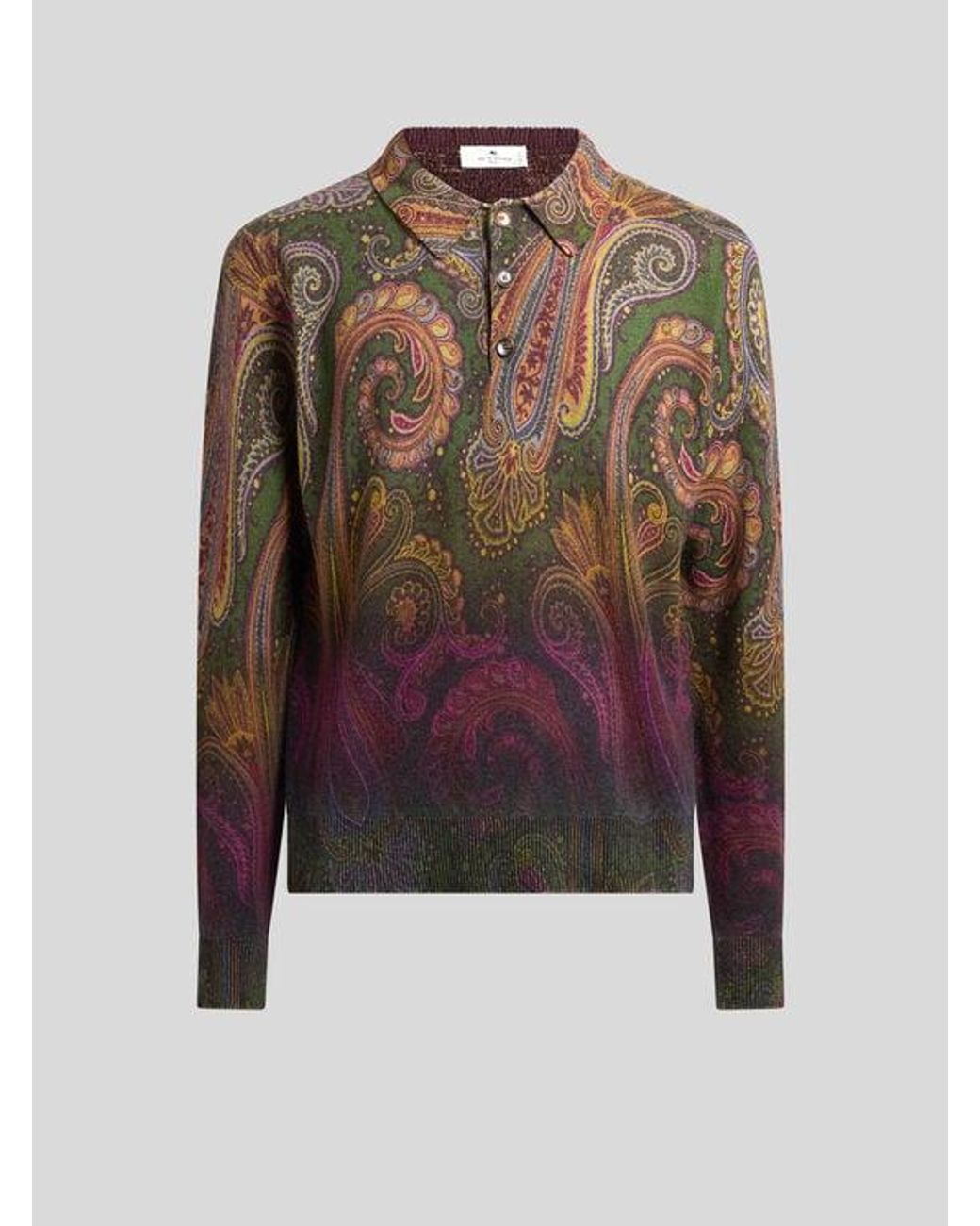 Etro Brown Long-Sleeved Wool Polo Shirt With Degradé Paisley Motif for men