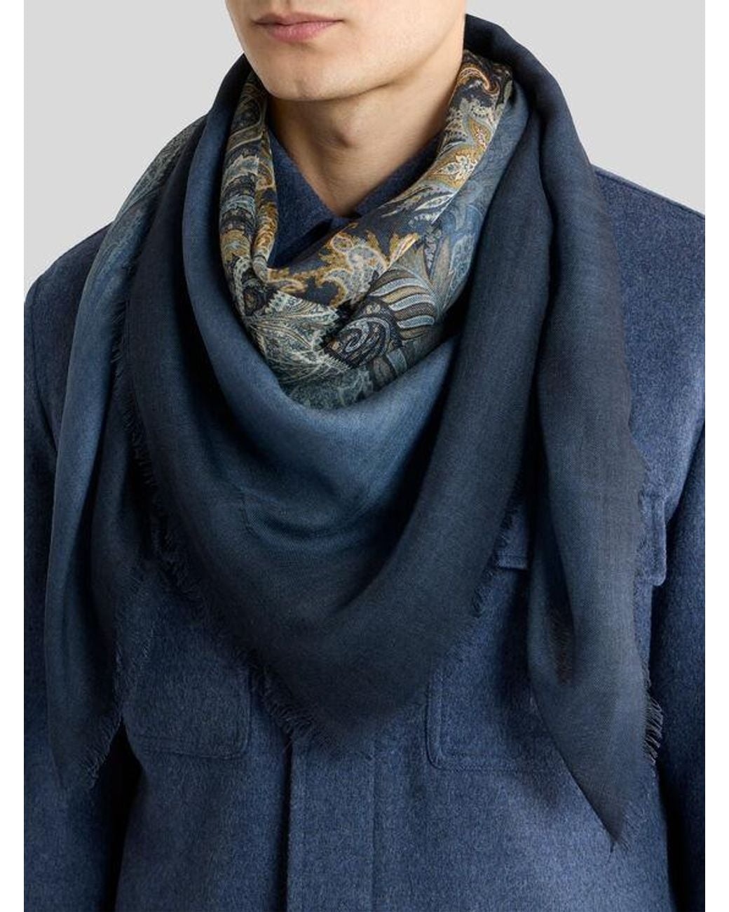 Etro Blue Wool And Silk Scarf With Faded Floral Paisley Motif for men