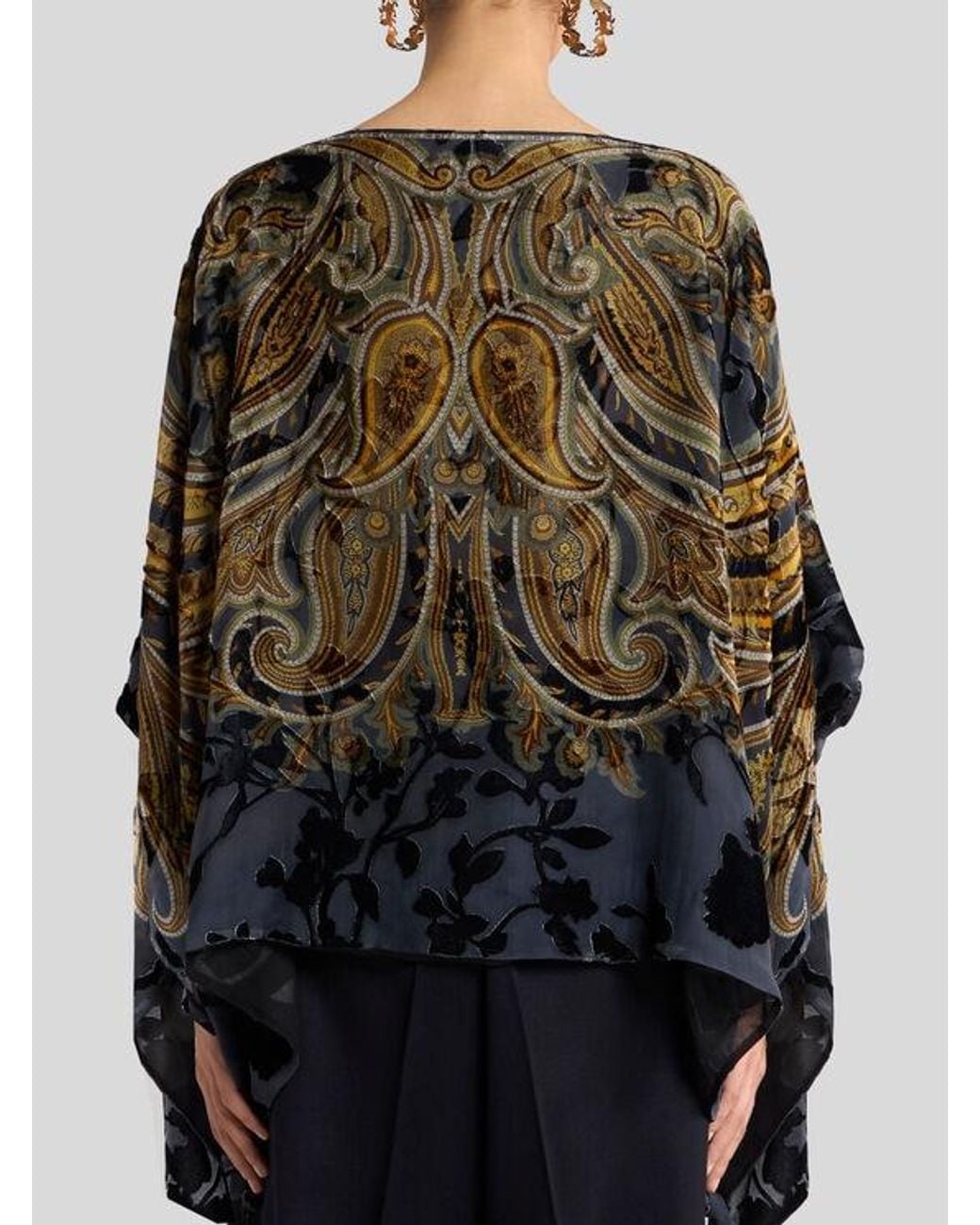 Etro Black Burnout Velvet Poncho Top With Placed Paisley Print