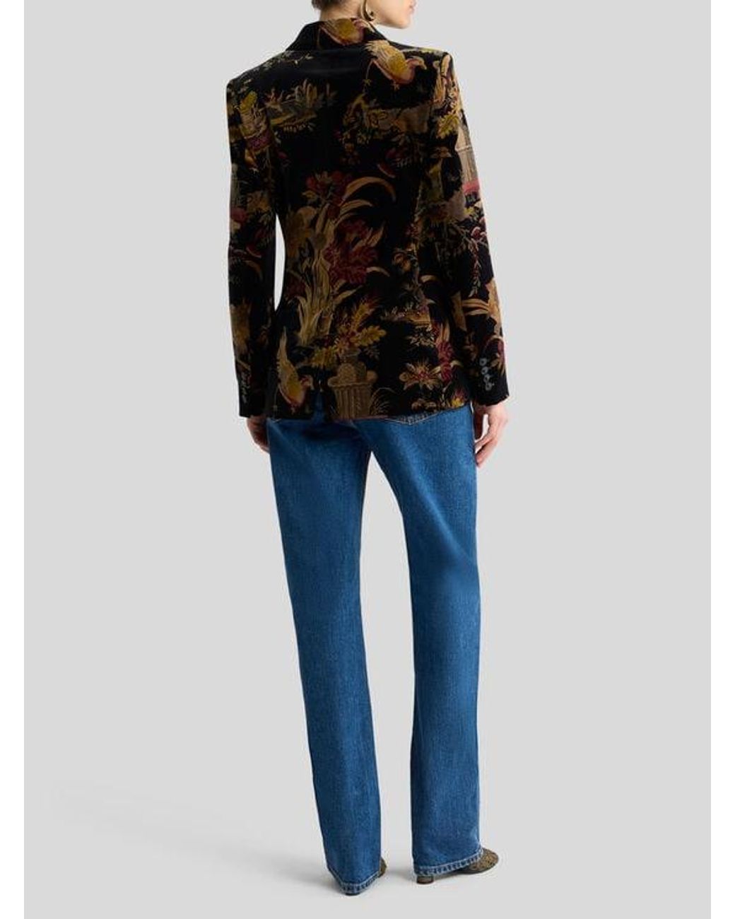 Etro Black Double-Breasted Cotton Velvet Jacket With Flower And Animal Overprint