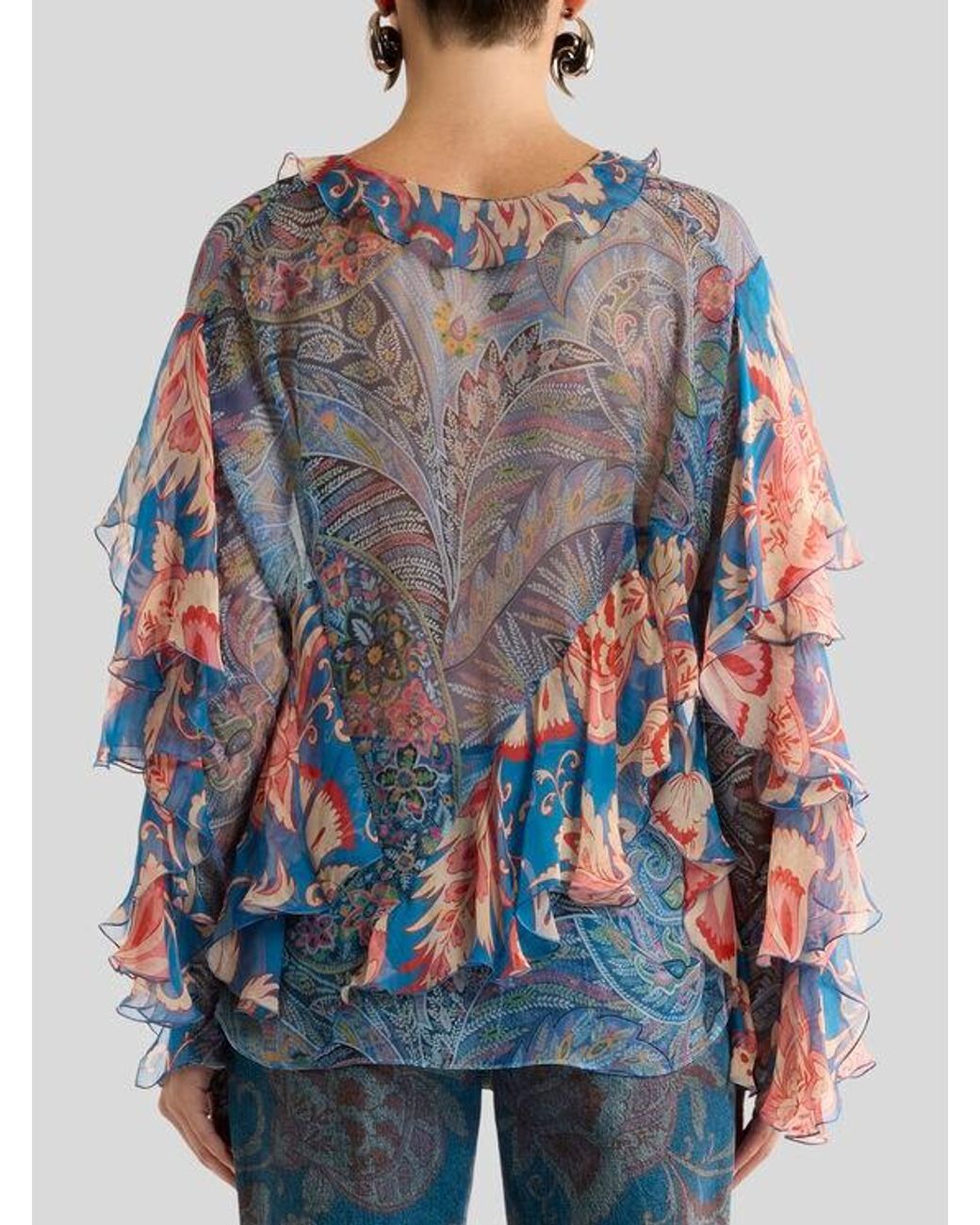 Etro Blue Long-Sleeved Silk Blouse With Ruffles And Floral Motif