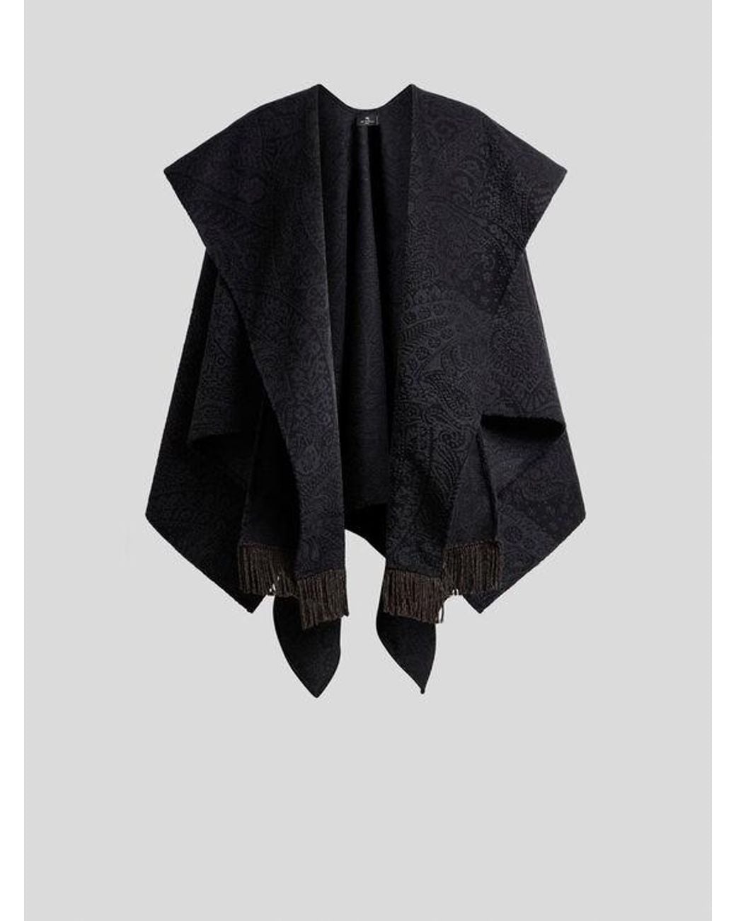 Etro Black Wool-Blend Jacquard Cape With Paisley Foliage Motif