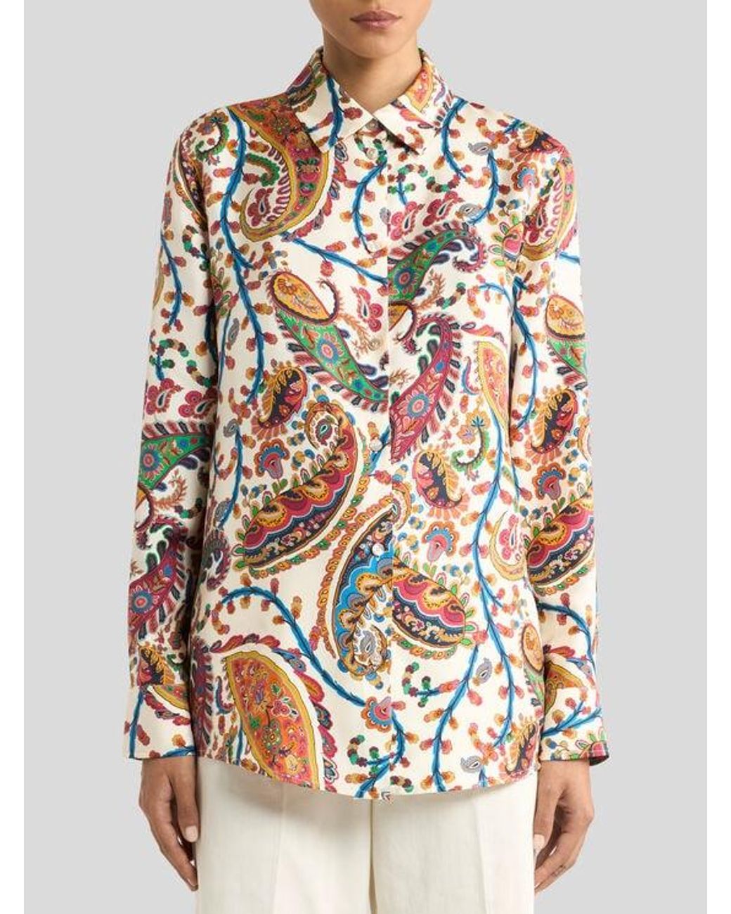 Etro White Silk Twill Shirt With Floral Paisley Motif