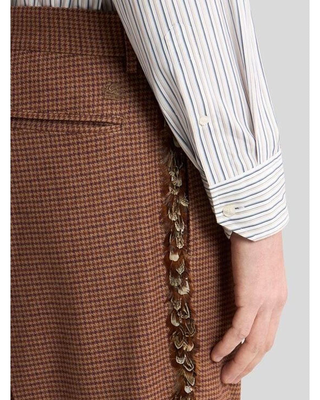 Etro Brown Straight-Leg Wool And Cashmere Trousers With Feathers And Micro Houndstooth Pattern for men
