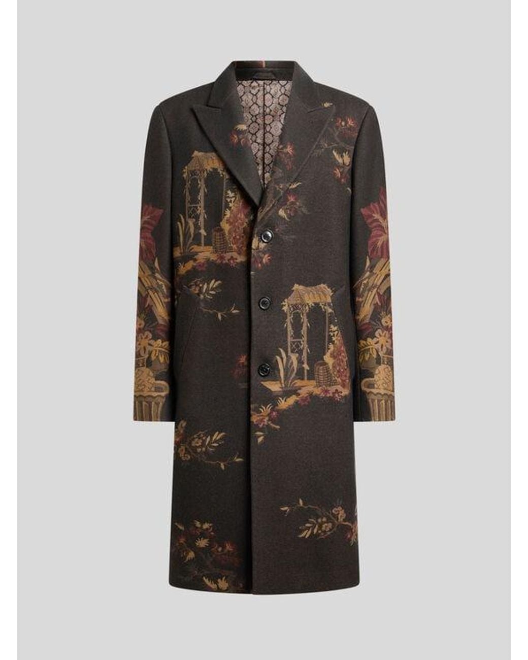 Etro Black Wool-Blend Coat With Placed Flower And Animal Print for men