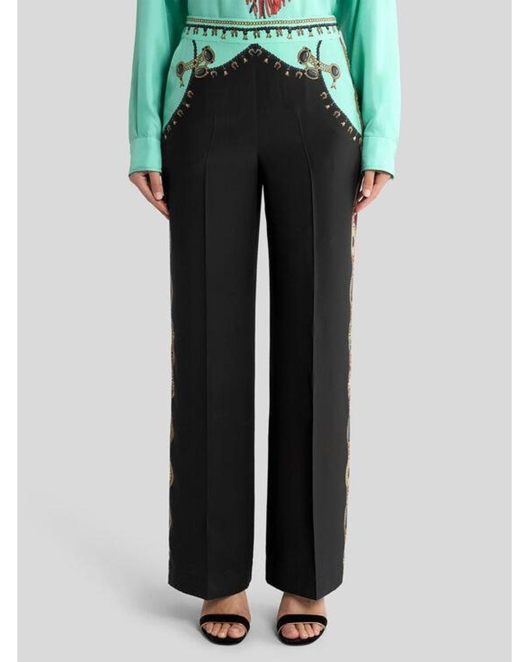 Etro Black Straight-Leg Silk Trousers With Placed Jewellery Print