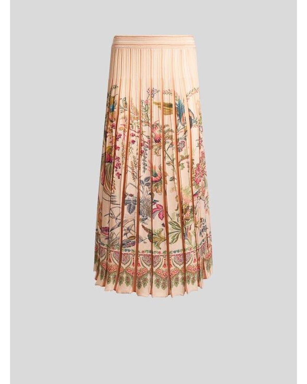 Etro White Pleated Cotton-Blend Midi Skirt With Placed Flora And Fauna Print