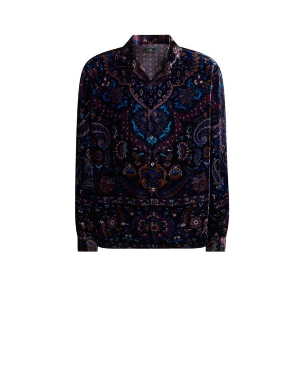 Etro Blue Silk Velvet Shirt With Placed Floral Medallion Print for men