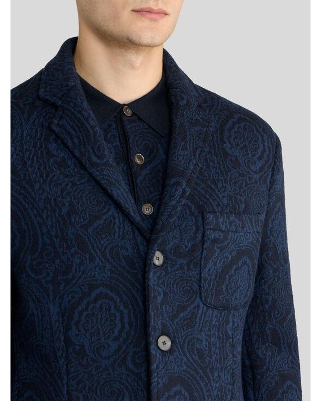Etro Blue Single-Breasted Wool-Blend Jacquard Jacket With Arnica Motif for men