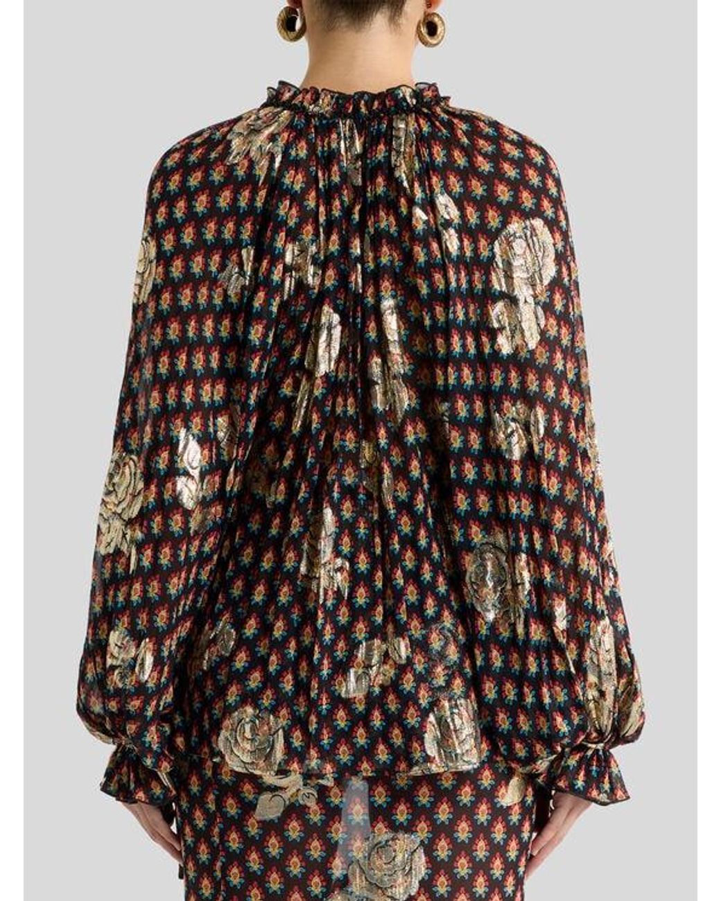 Etro Brown Silk Shirt With Fil Coupé Roses And Tie-Inspired Motif