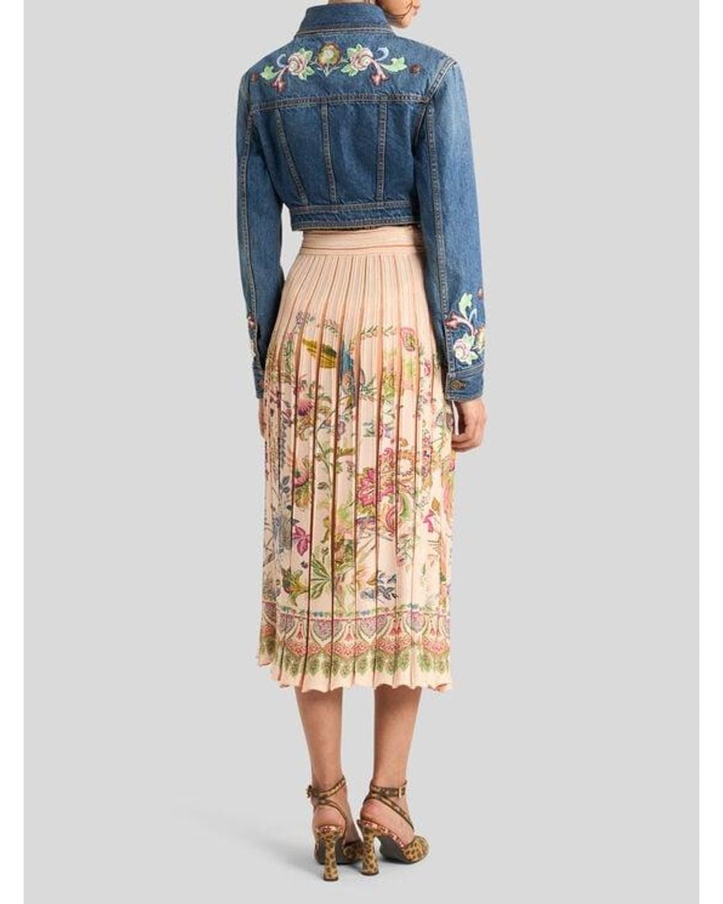 Etro Blue Cropped Denim Jacket With Floral Embroidery