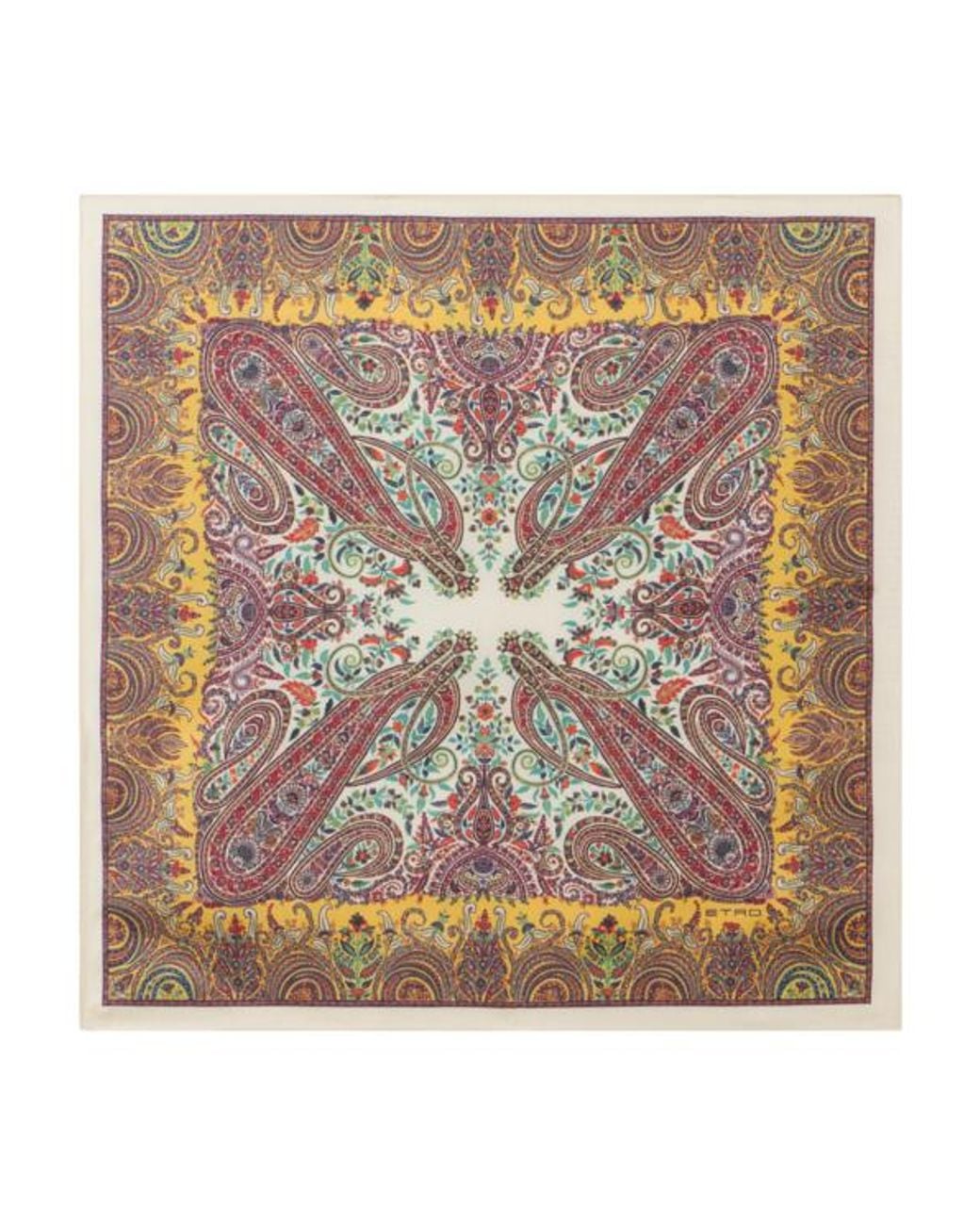 Etro Yellow Silk Pocket Square With Macro Paisleys for men