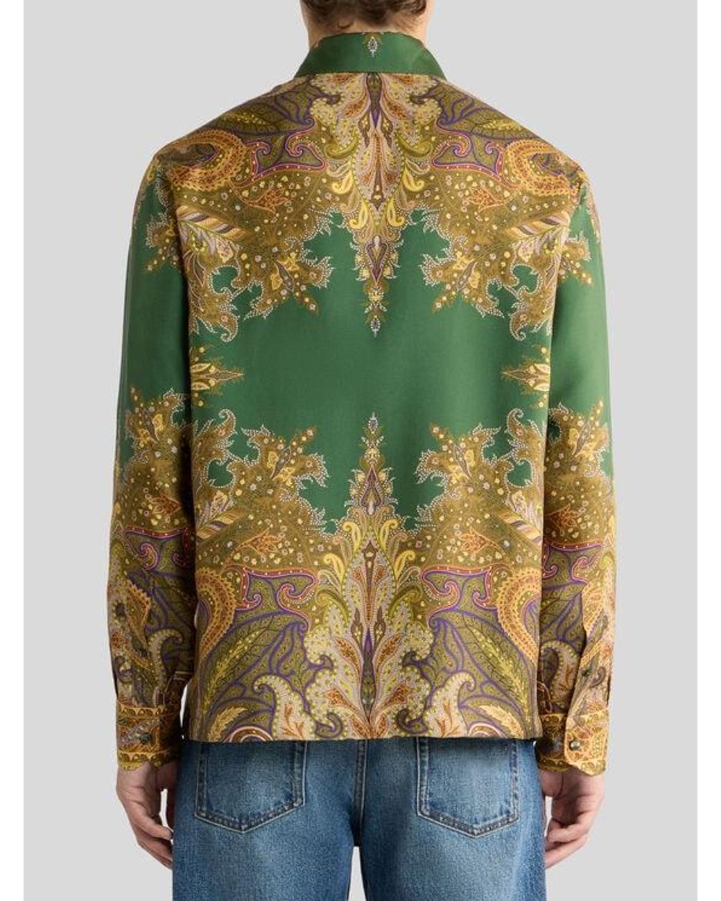Etro Green Silk Twill Shirt With Placed Paisley Pochette Print for men