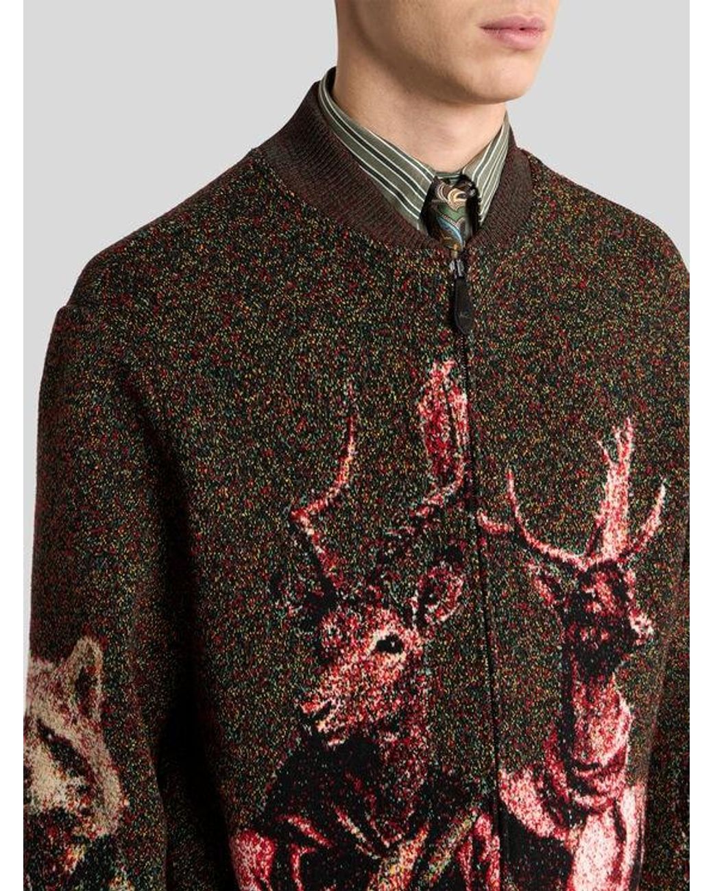 Etro Black Zipped Jacquard Piqué Cardigan With Animal Motif for men