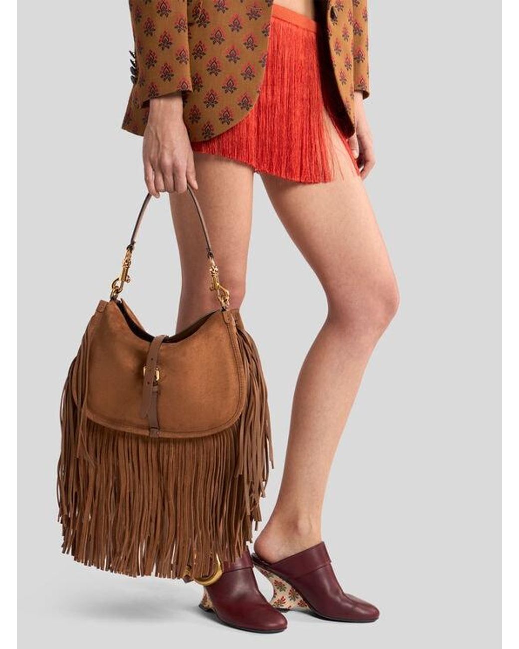 Etro Brown Medium Suede Pony Bag With Fringes