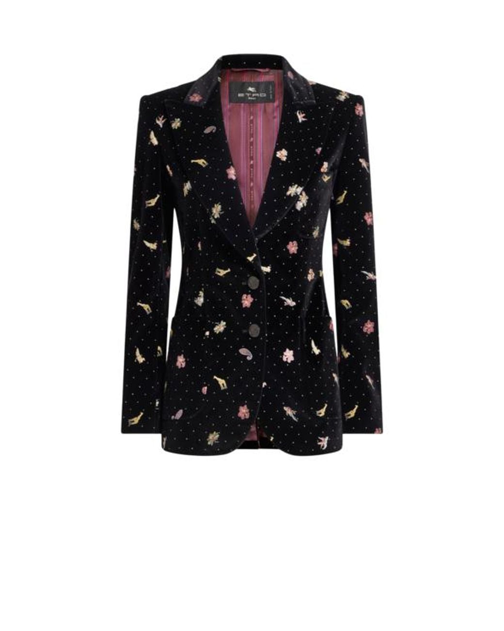 Etro Black Single-Breasted Cotton Velvet Jacket With Flower And Animal Motif