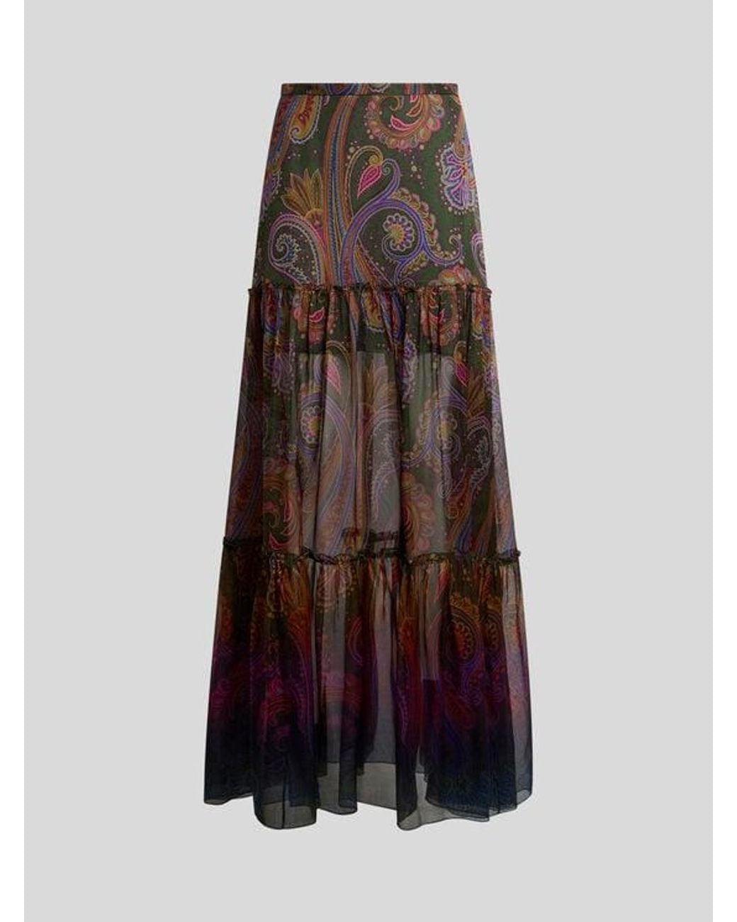 Etro Brown Silk Maxi Skirt With Placed Paisley Print