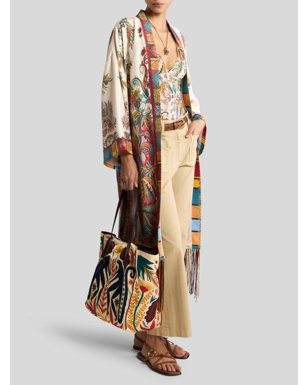 Etro White Silk Duster With Fringing And Placed Paisley Foliage Print