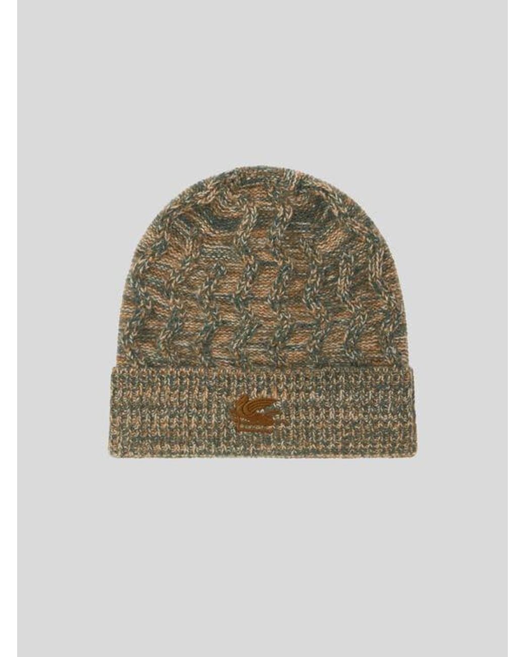 Etro Green Cashmere Beanie With Cable Detail And Pegaso Embroidery for men