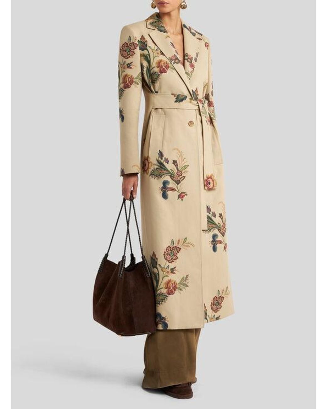 Etro Natural Cotton Trench Coat With Floral Print