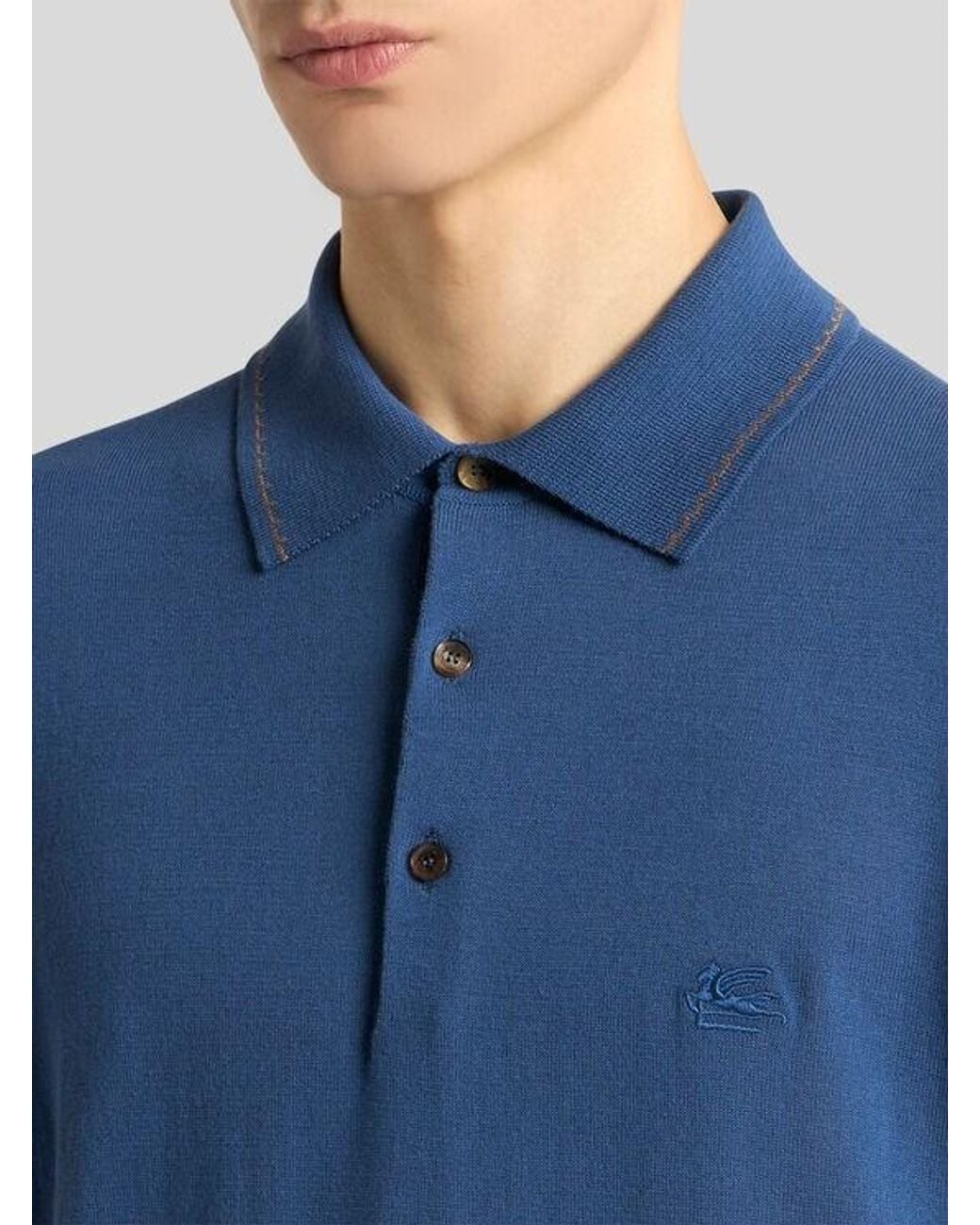 Etro Blue Cotton Polo Shirt With Pegaso for men