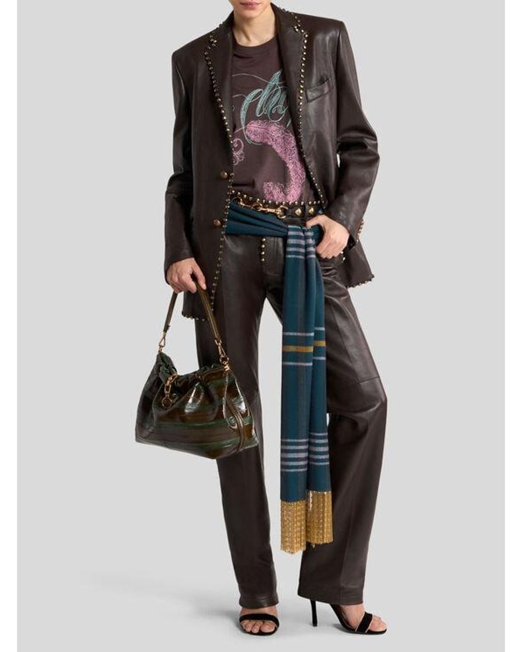 Etro Black Single-Breasted Leather Jacket With Studs