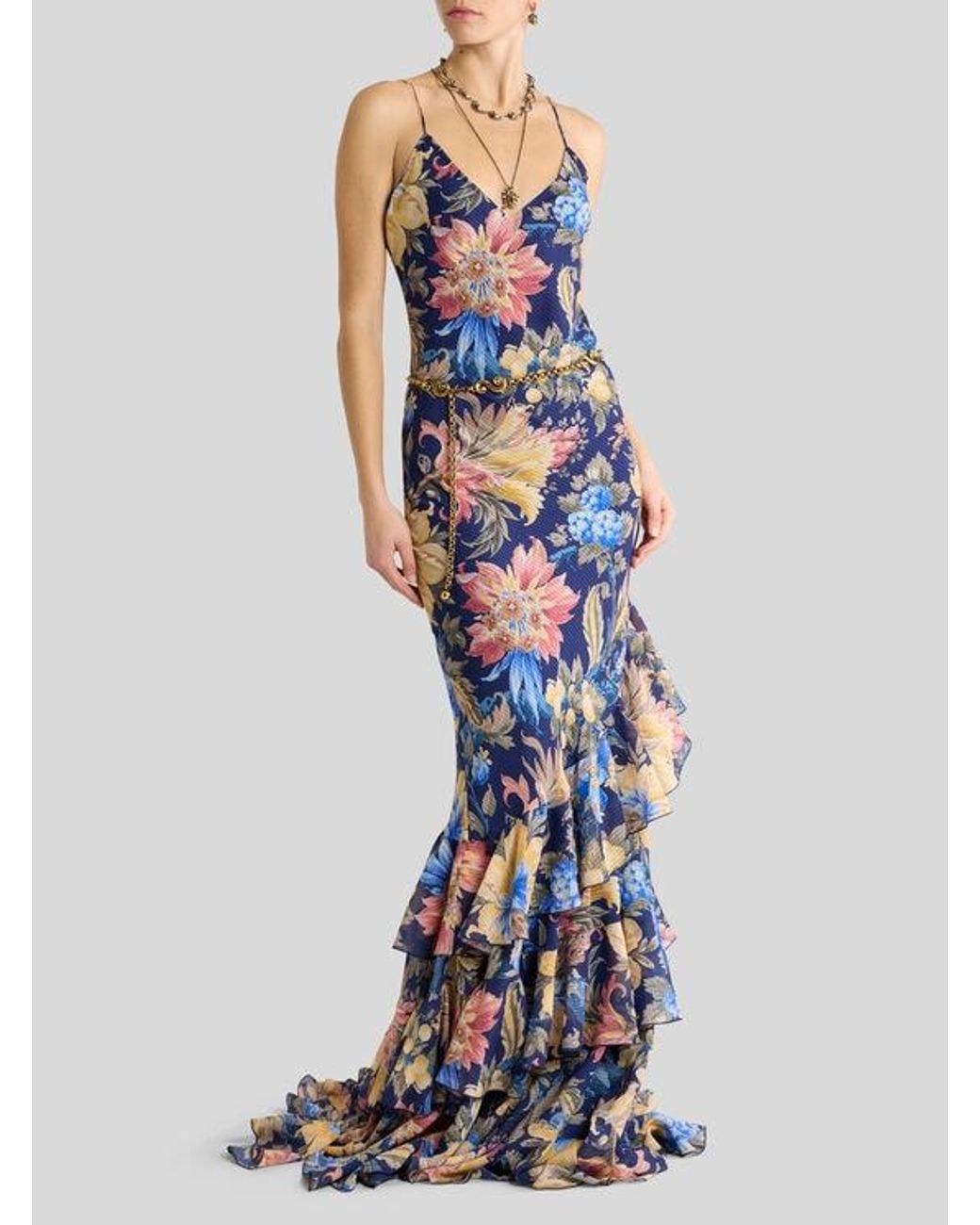 Etro White Long Seersucker Dress With Ruffles And Floral Motif