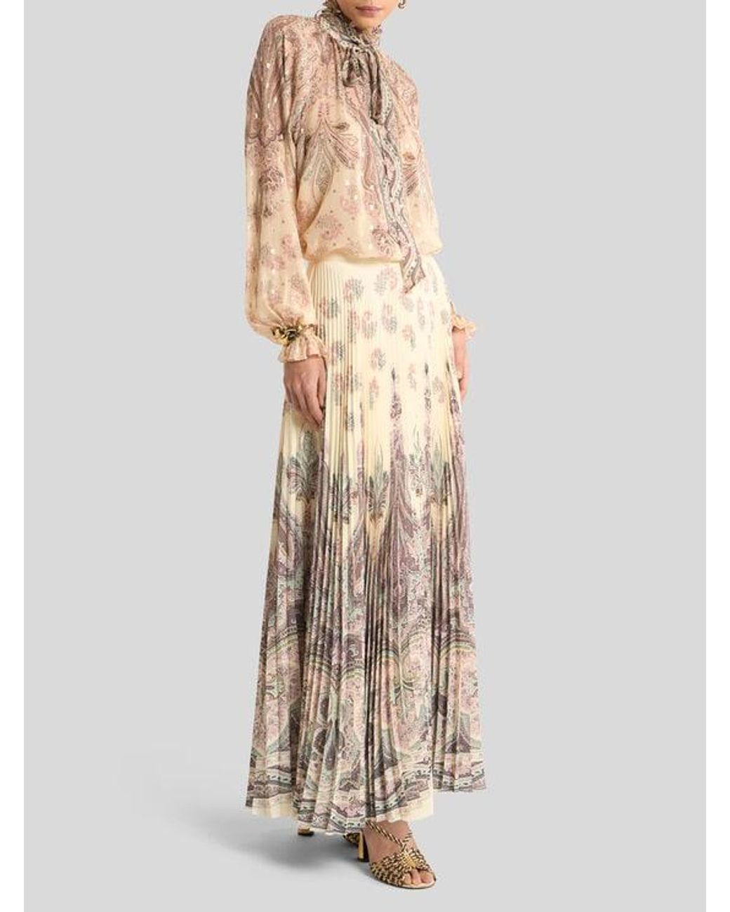 Etro Natural Pleated Maxi Skirt With Placed Print