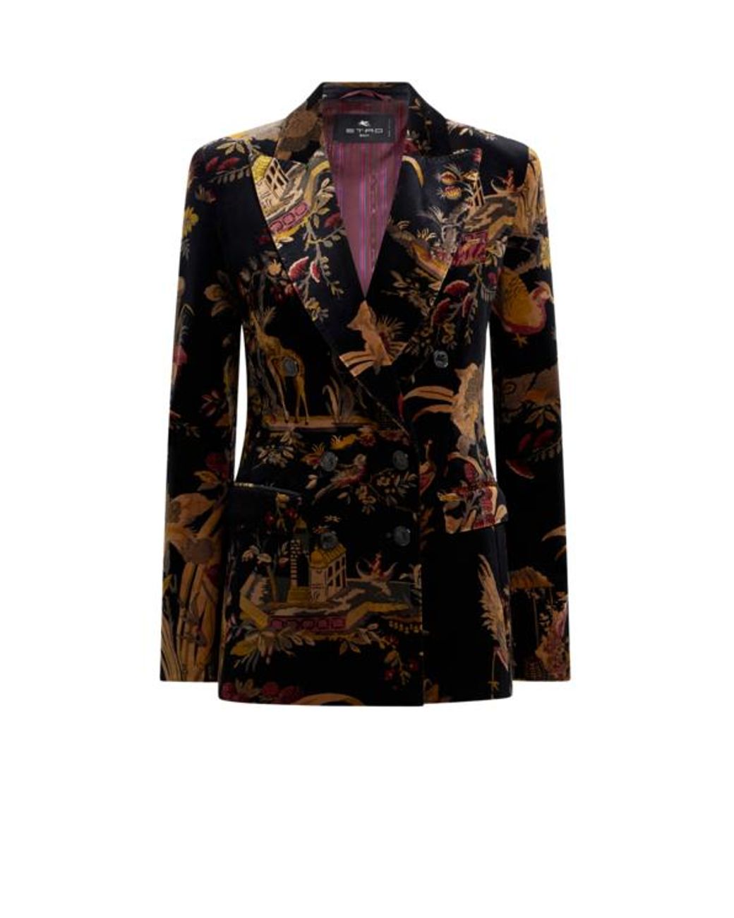 Etro Black Double-Breasted Cotton Velvet Jacket With Flower And Animal Overprint