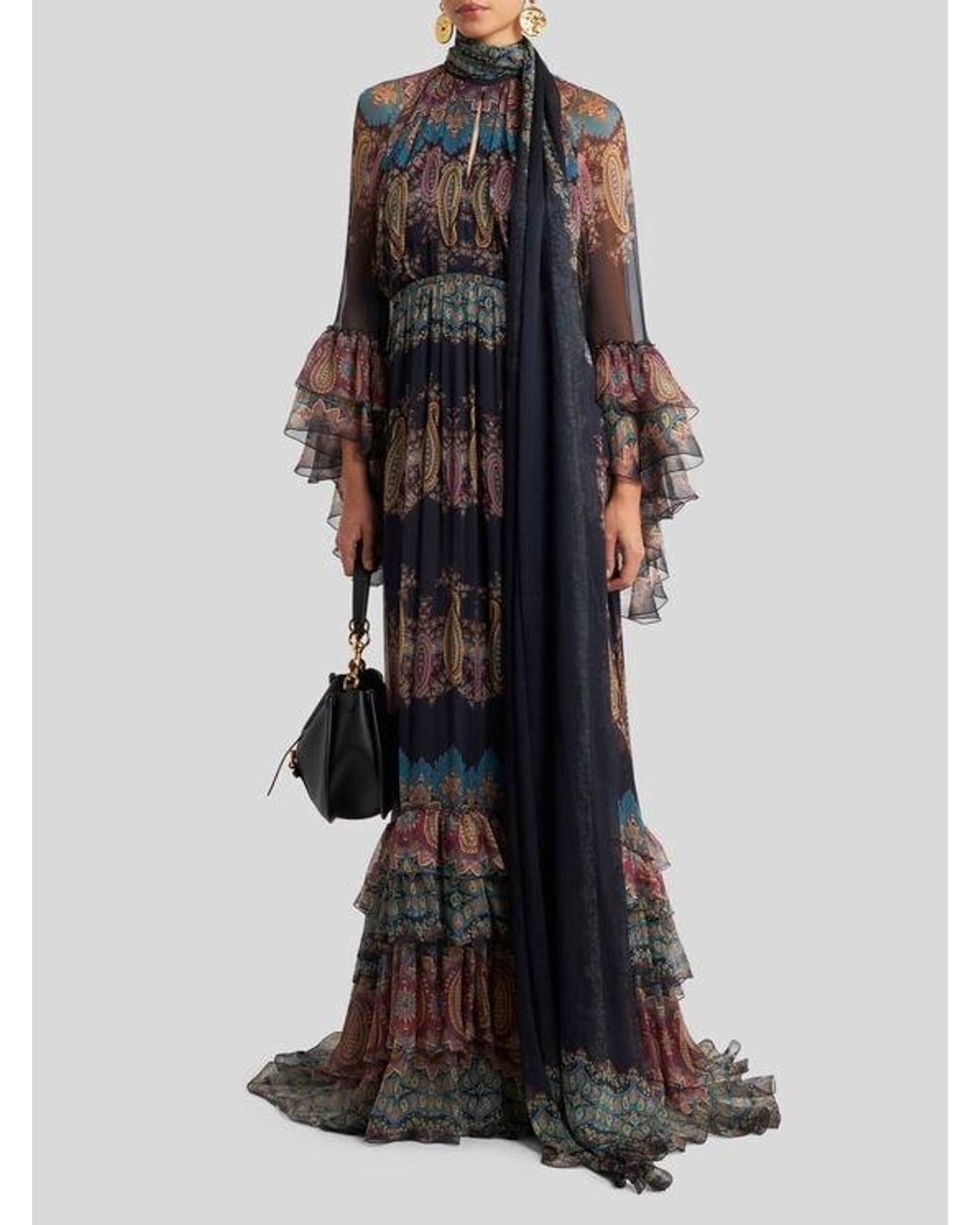 Etro Black Long Silk Dress With Placed Print