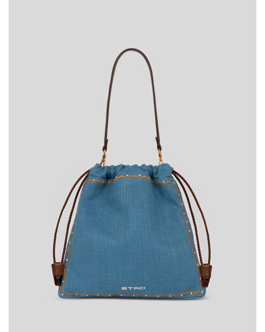 Etro Blue Medium Linen-Blend Kalispera Bag With Embroidery