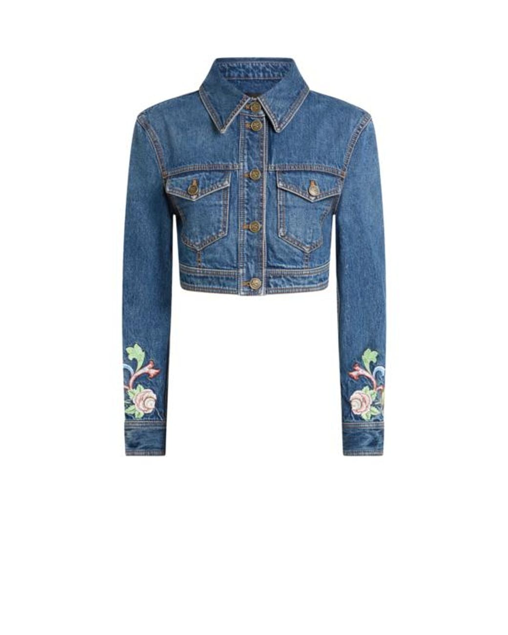 Etro Blue Cropped Denim Jacket With Floral Embroidery