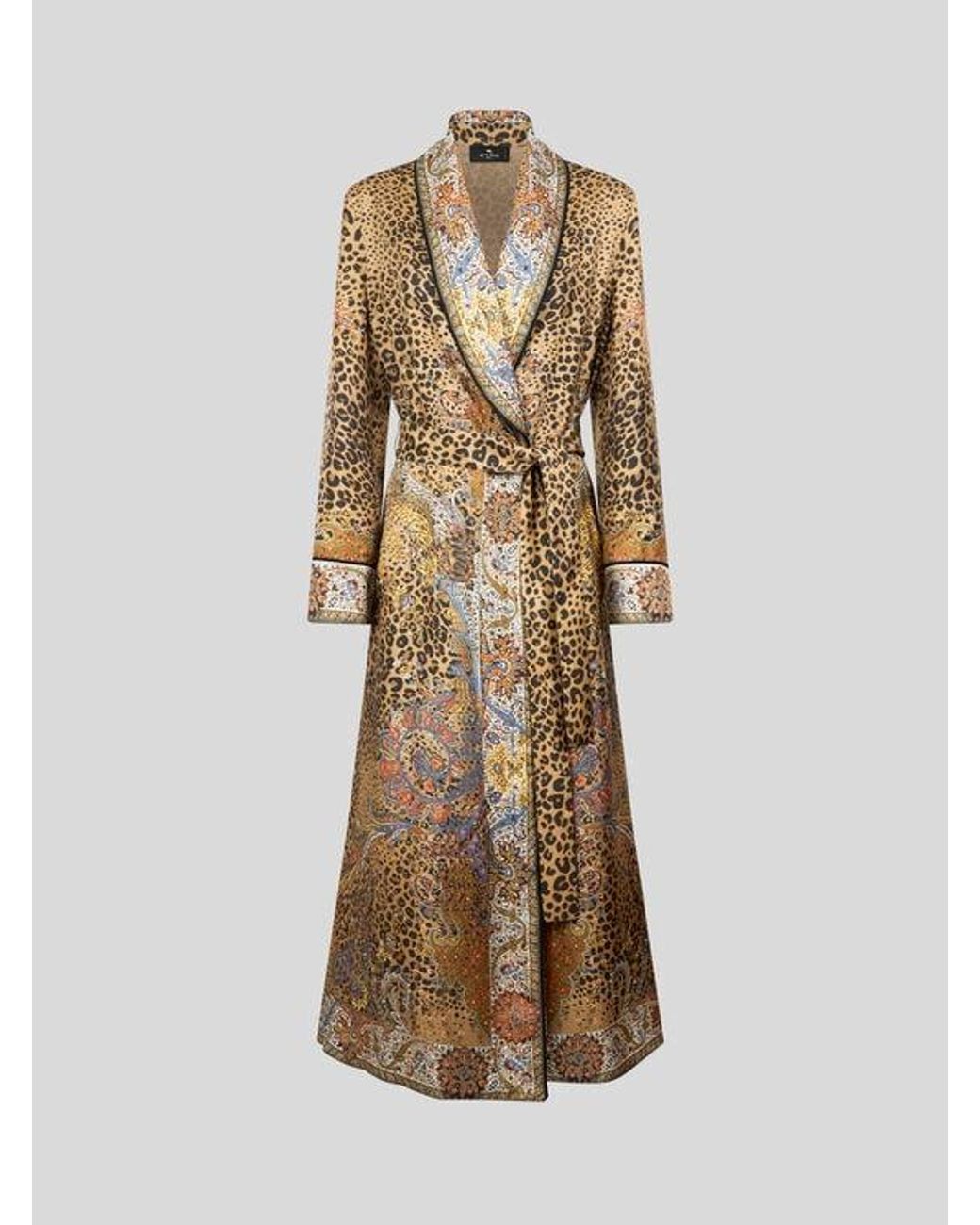 Etro Natural Silk Robe Coat With Paisley And Animal Motif