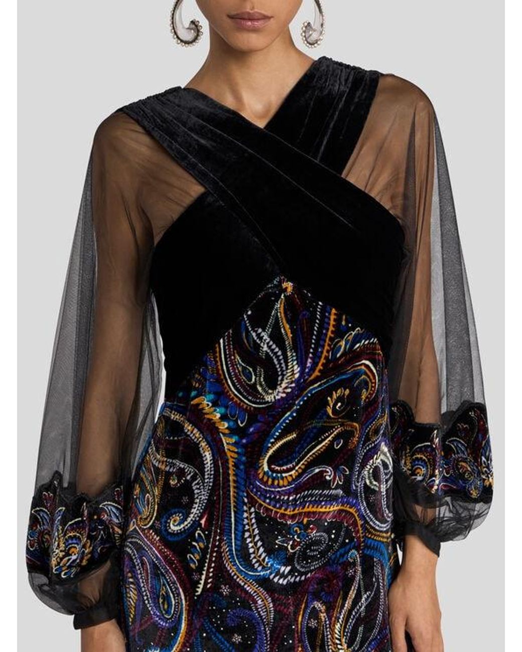 Etro Black Long Velvet Dress With Paisley Foliage Motif