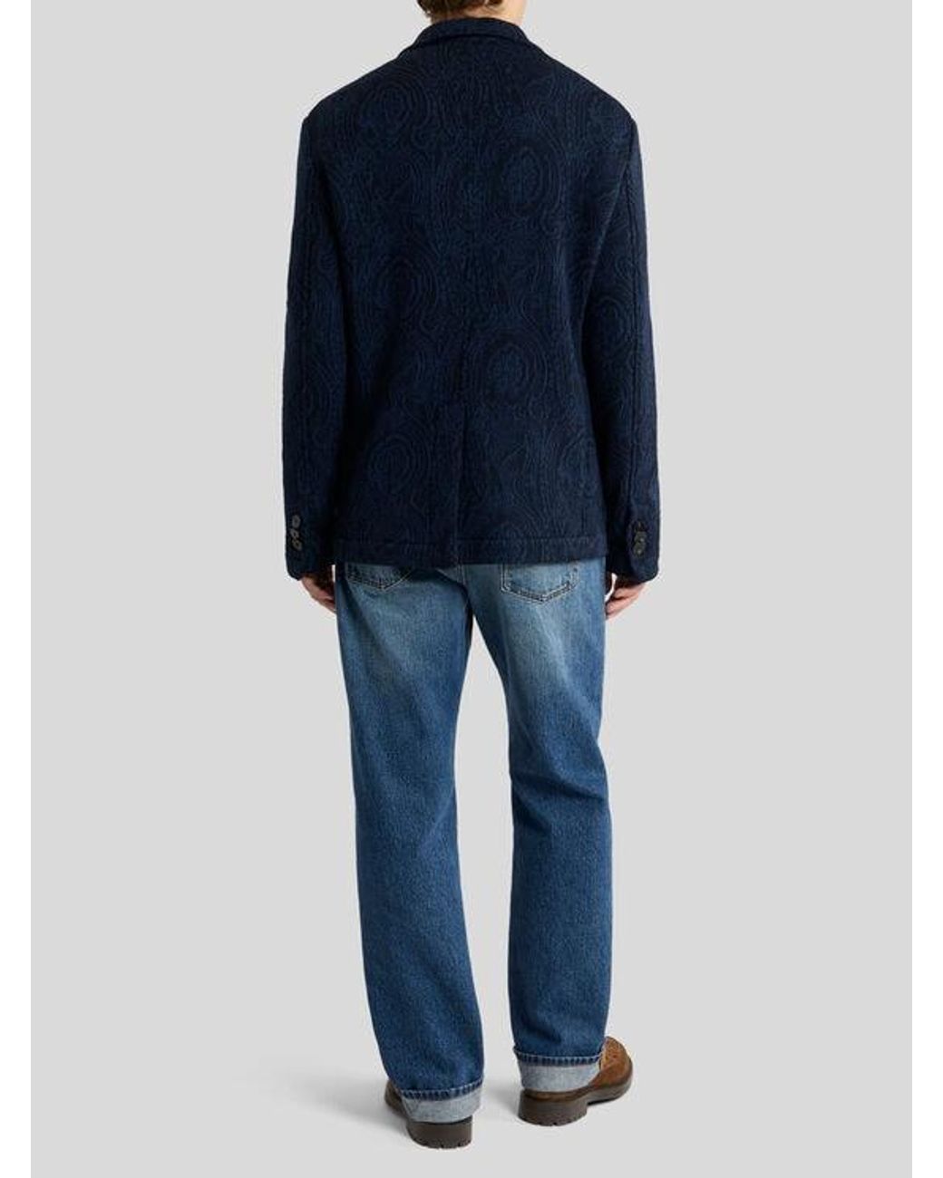 Etro Blue Single-Breasted Wool-Blend Jacquard Jacket With Arnica Motif for men