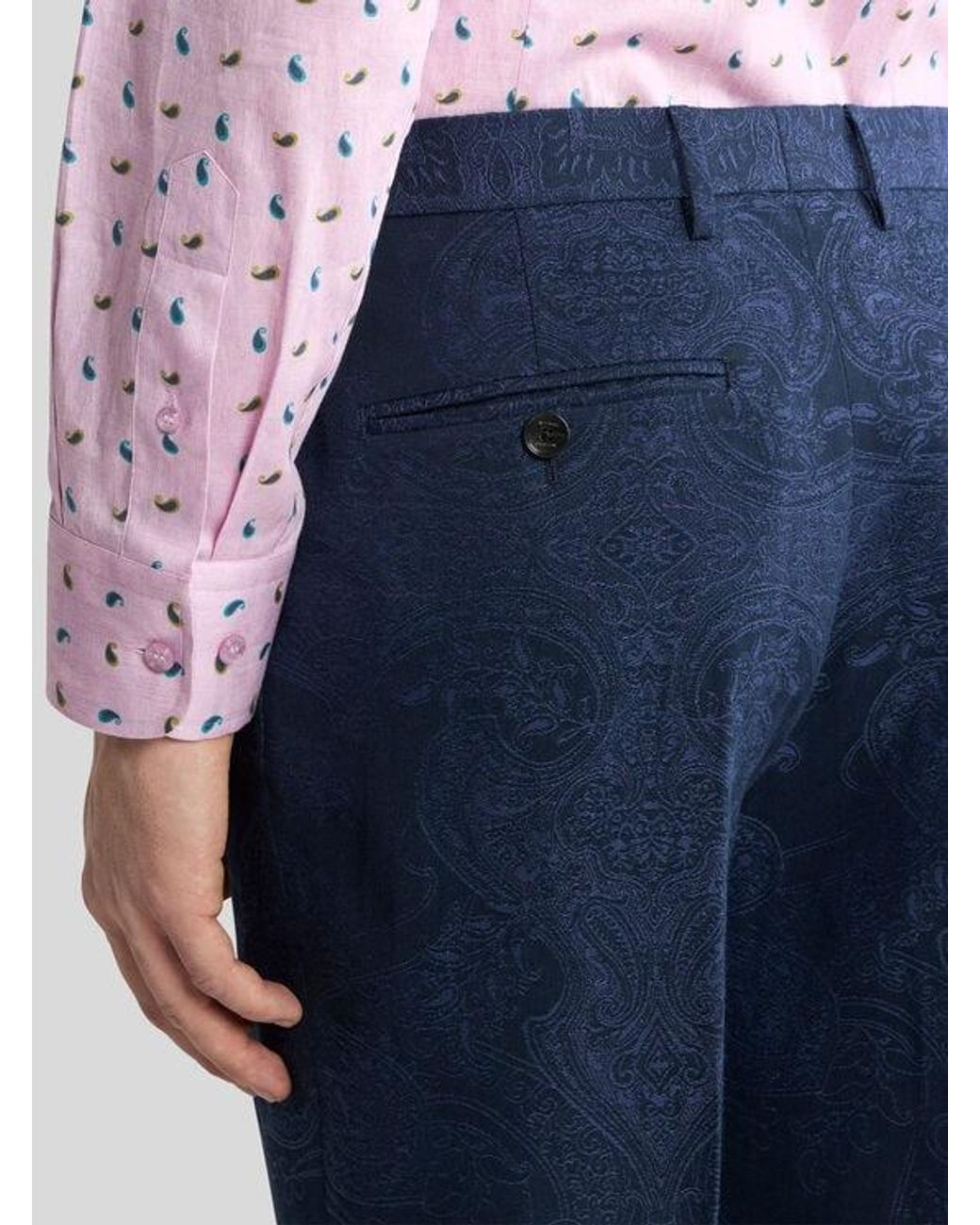 Etro Blue Cotton-Blend Jacquard Trousers With Placed Floral Paisley Motif for men