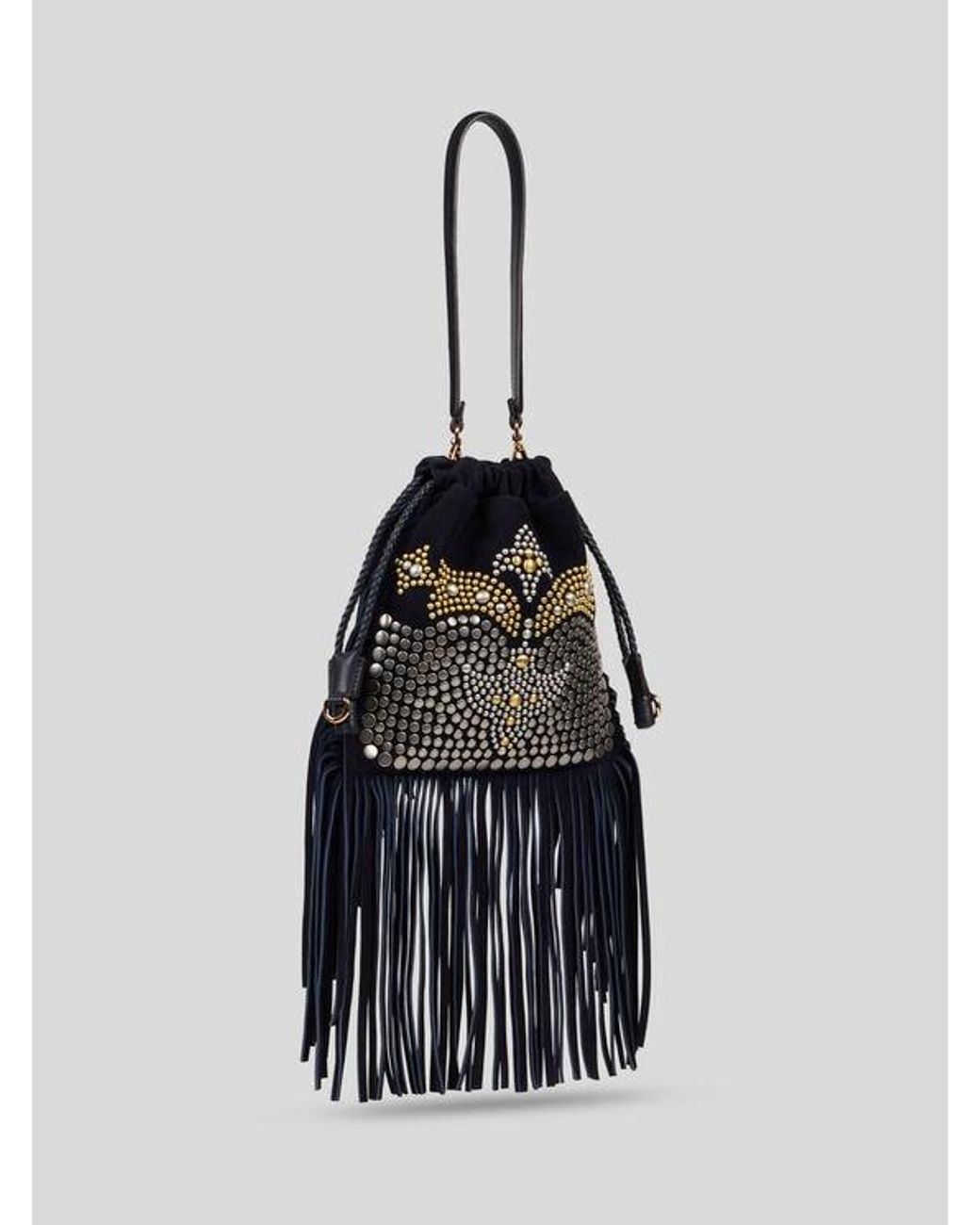 Etro Black Small Suede Kalispera Bag With Studs And Fringes