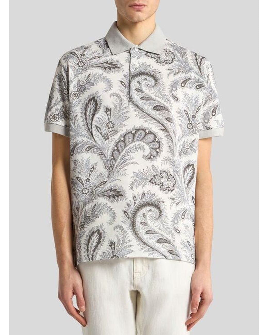 Etro White Floral Paisley Cotton Polo Shirt for men