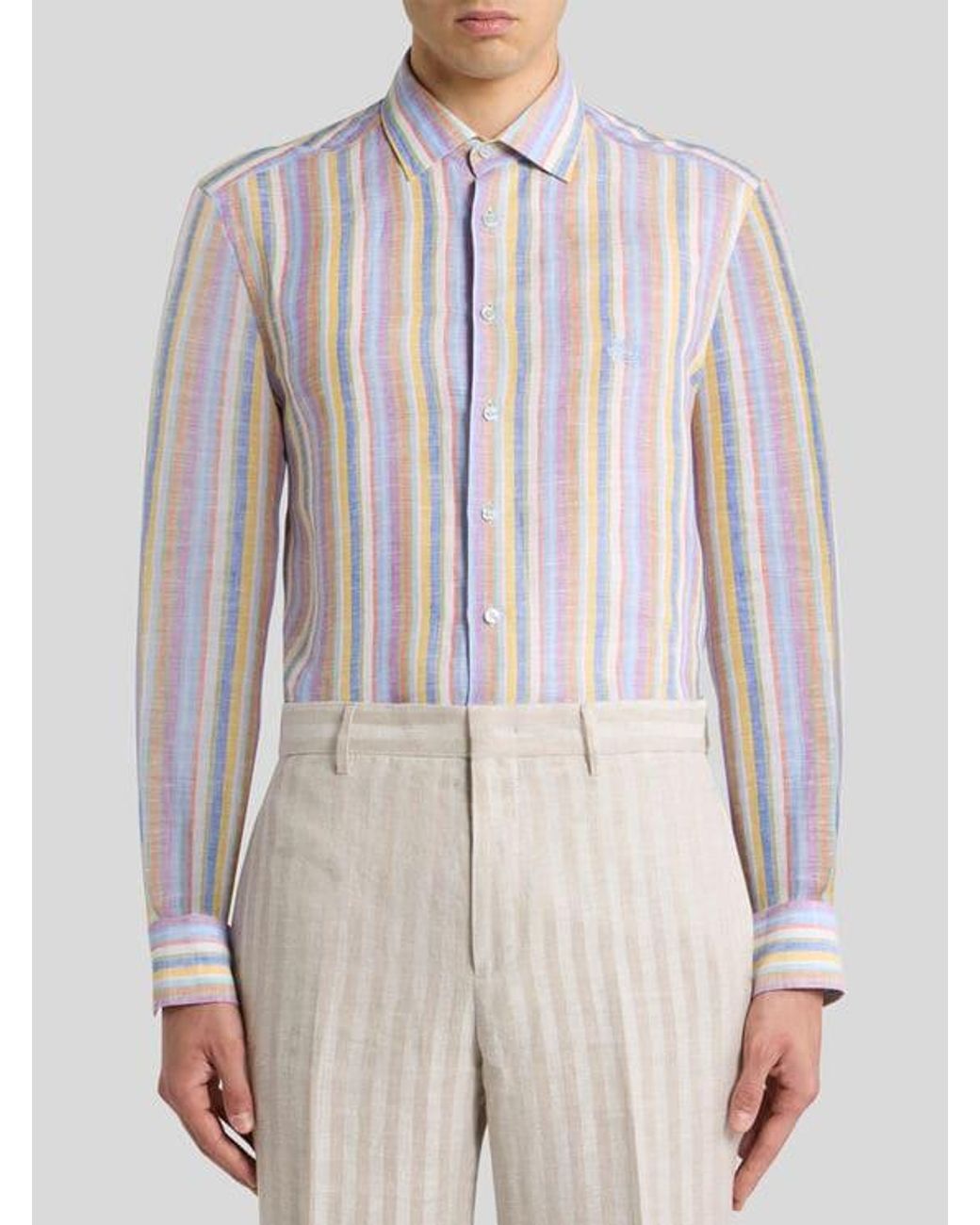 Etro Pink Multicoloured Striped Linen Shirt for men