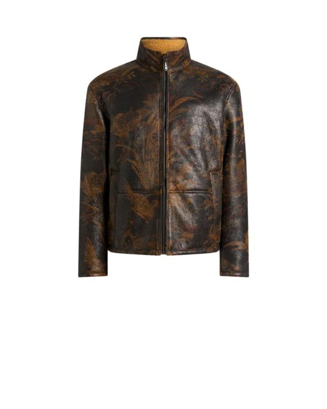 Etro Brown Leather Bomber Jacket With Shearling And Animal And Floral Print for men