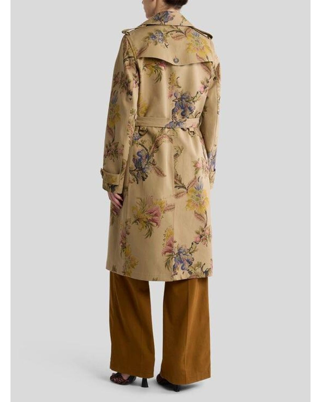 Etro Metallic Cotton Gabardine Trench Coat With Floral Motif