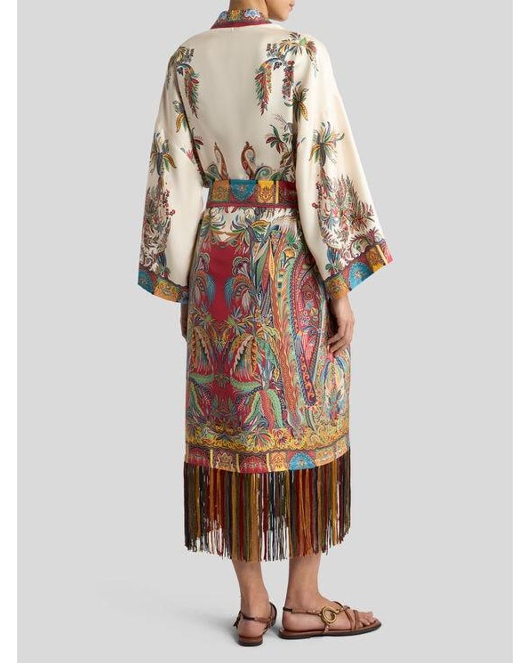 Etro White Silk Duster With Fringing And Placed Paisley Foliage Print
