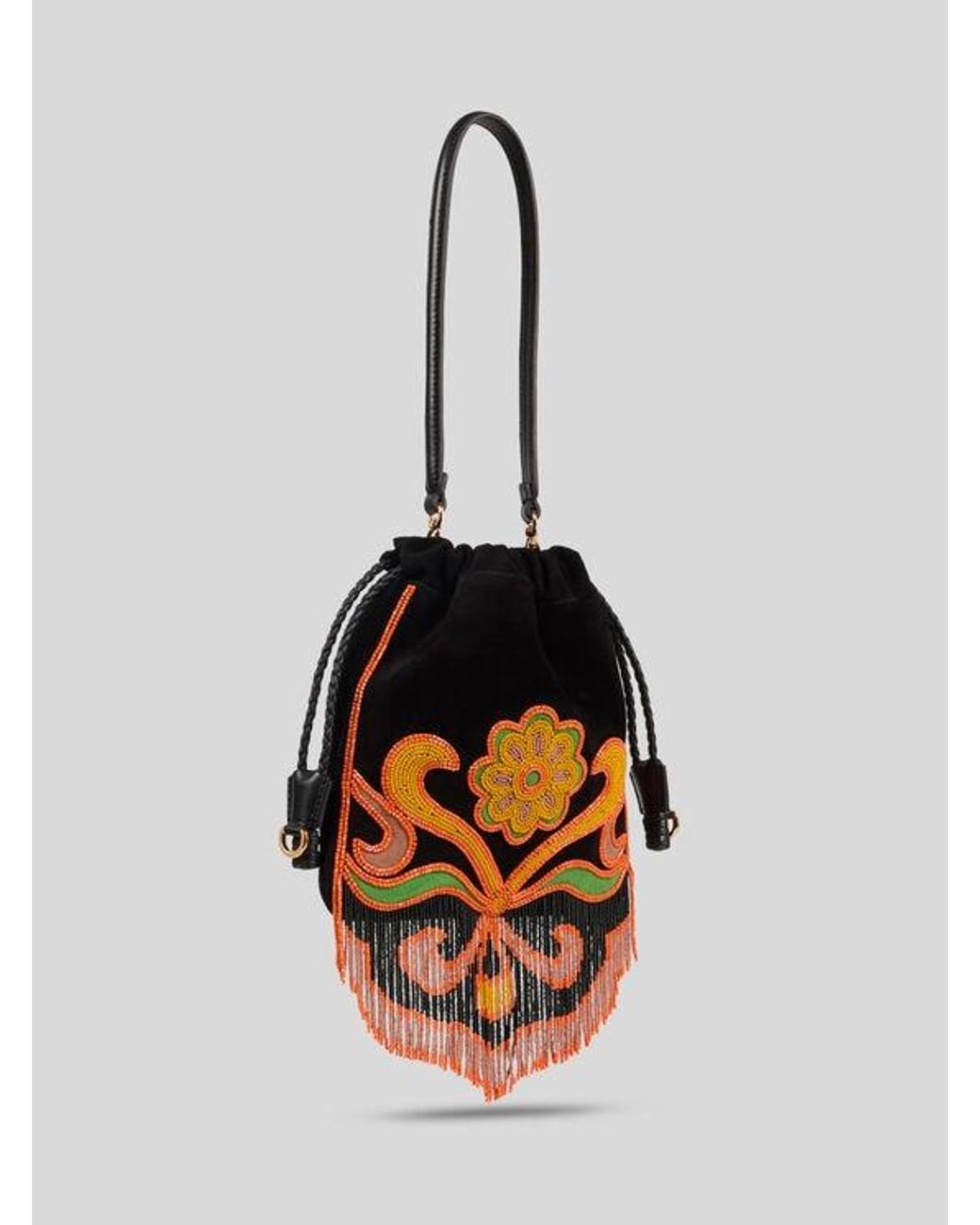 Etro Black Small Suede Kalispera Bag With Beads And Fringes