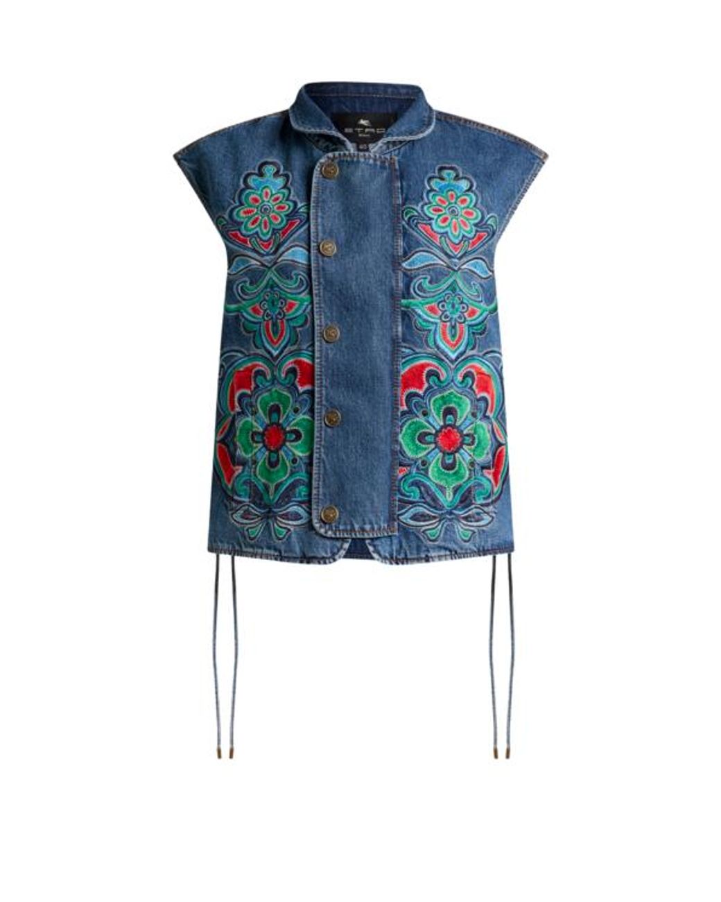 Etro Blue Denim Vest With Floral Motif