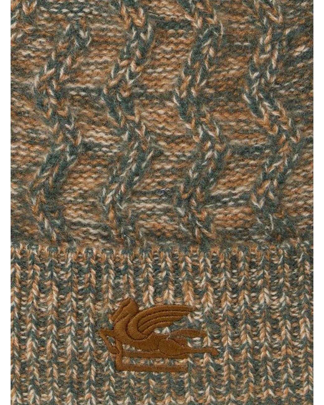 Etro Green Cashmere Beanie With Cable Detail And Pegaso Embroidery for men